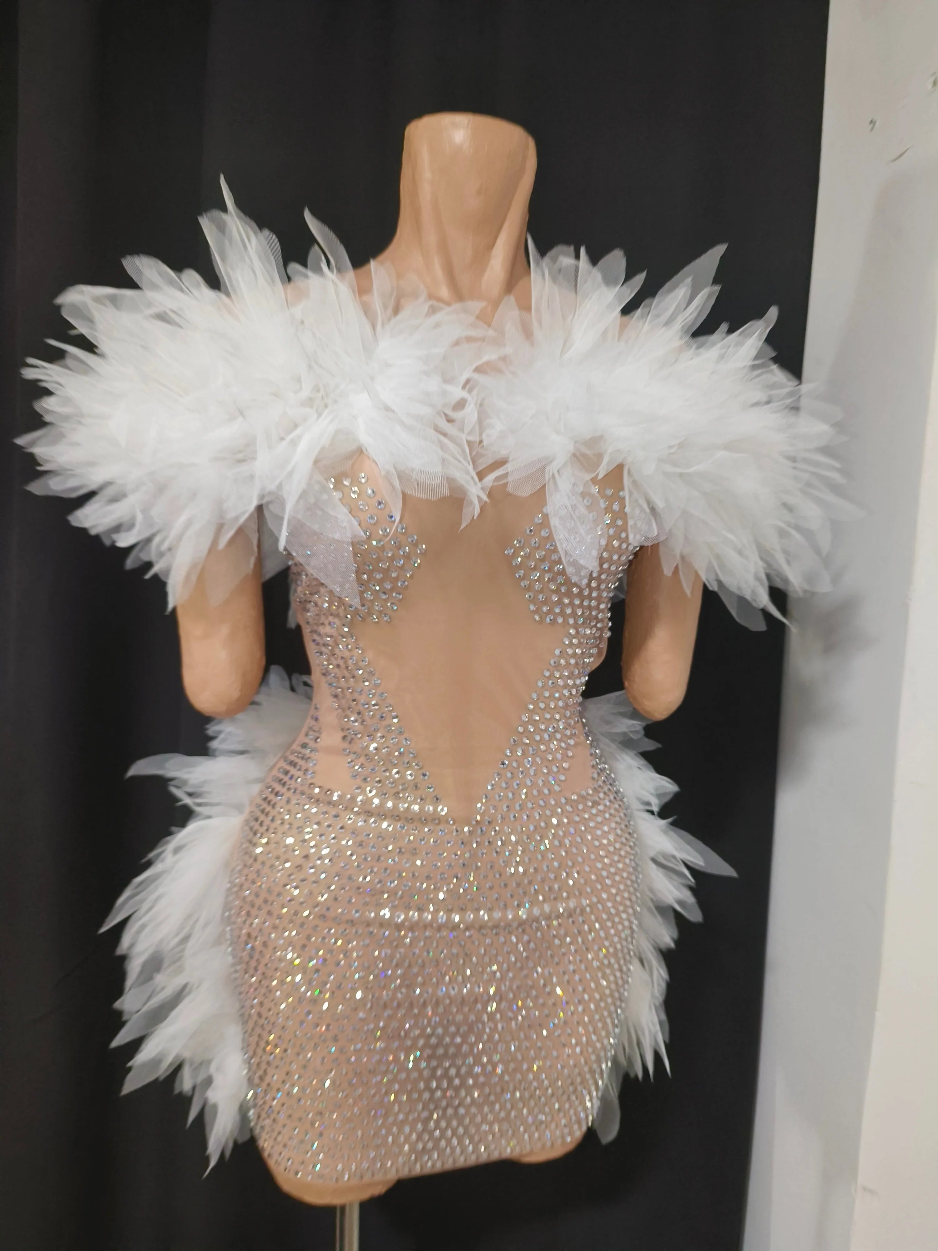 Bridal Shower Nightclub Birthday Party Dress Elegant Lace White Crystal Rhinestone Sheer Illusion Neck Tulle Mesh Mini Dress