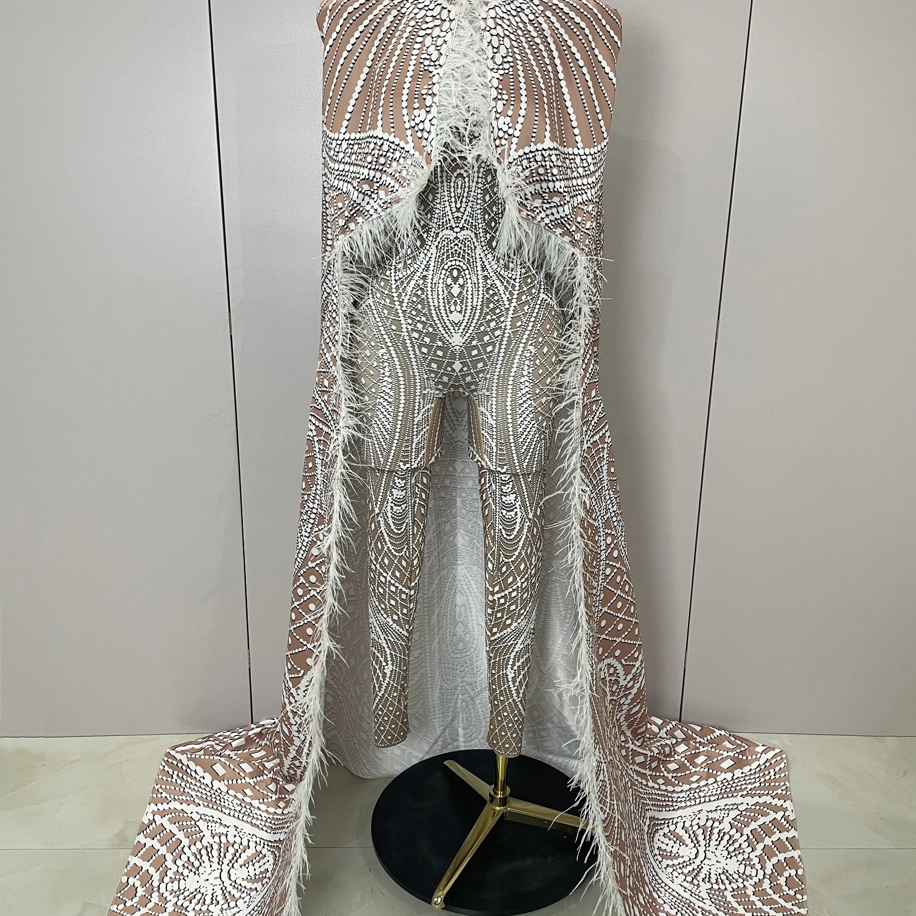 2025Luxury Feathers Cloak White Printing Sexy Sheath Jumpsuit Women Evening Party Bar Nightclub Singer Stage Performance Costume MULTI
