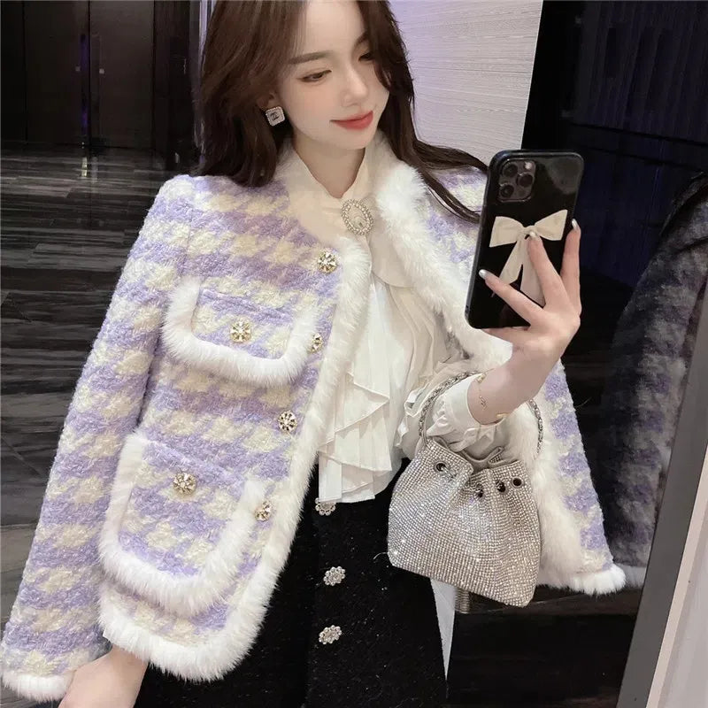 Women's Cotton Short Coat Commuter Style Overshirt Thickened Jacket Autumn Winter Clothes Imitation Mink Fur Coat Checkered Suit Violet Thick