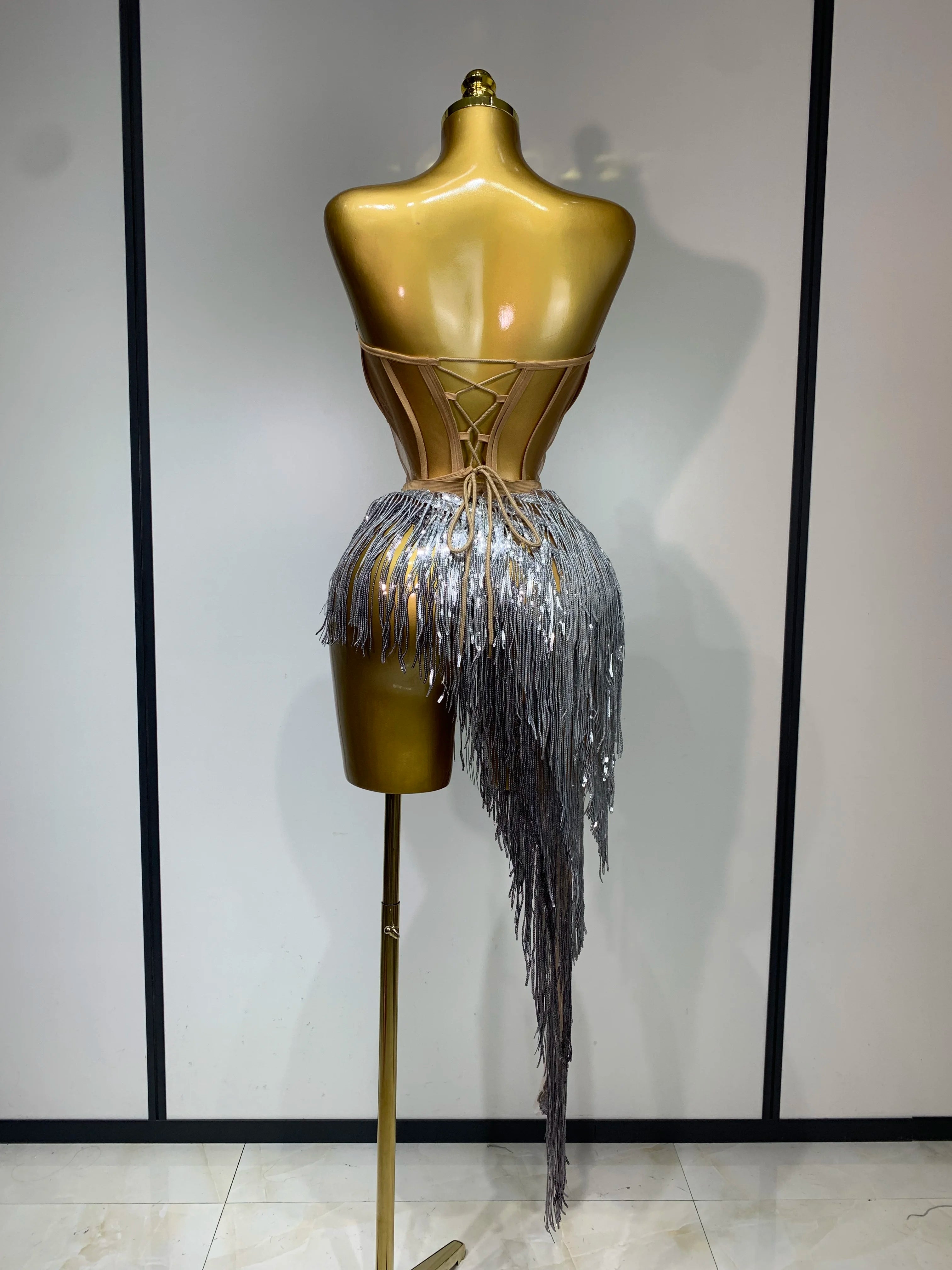 Sexy Sparkly Diamond Tassel Two Piece Set Women Evening Party Luxury Birthday Nightclub Singer Dancer Performan Stage Costume