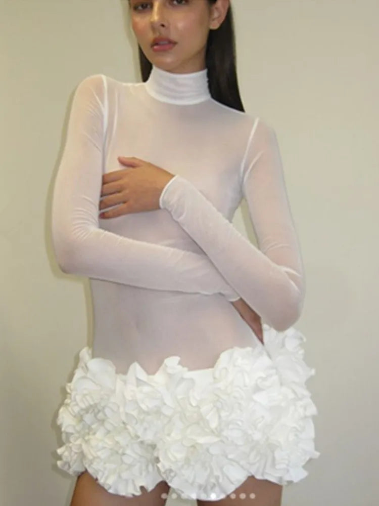 Women Sexy Long Sleeve Flower Mesh Red White Mini Celebrity Bodycon Bandage Dress 2025 Elegant Evening Club Party Dress WHITE