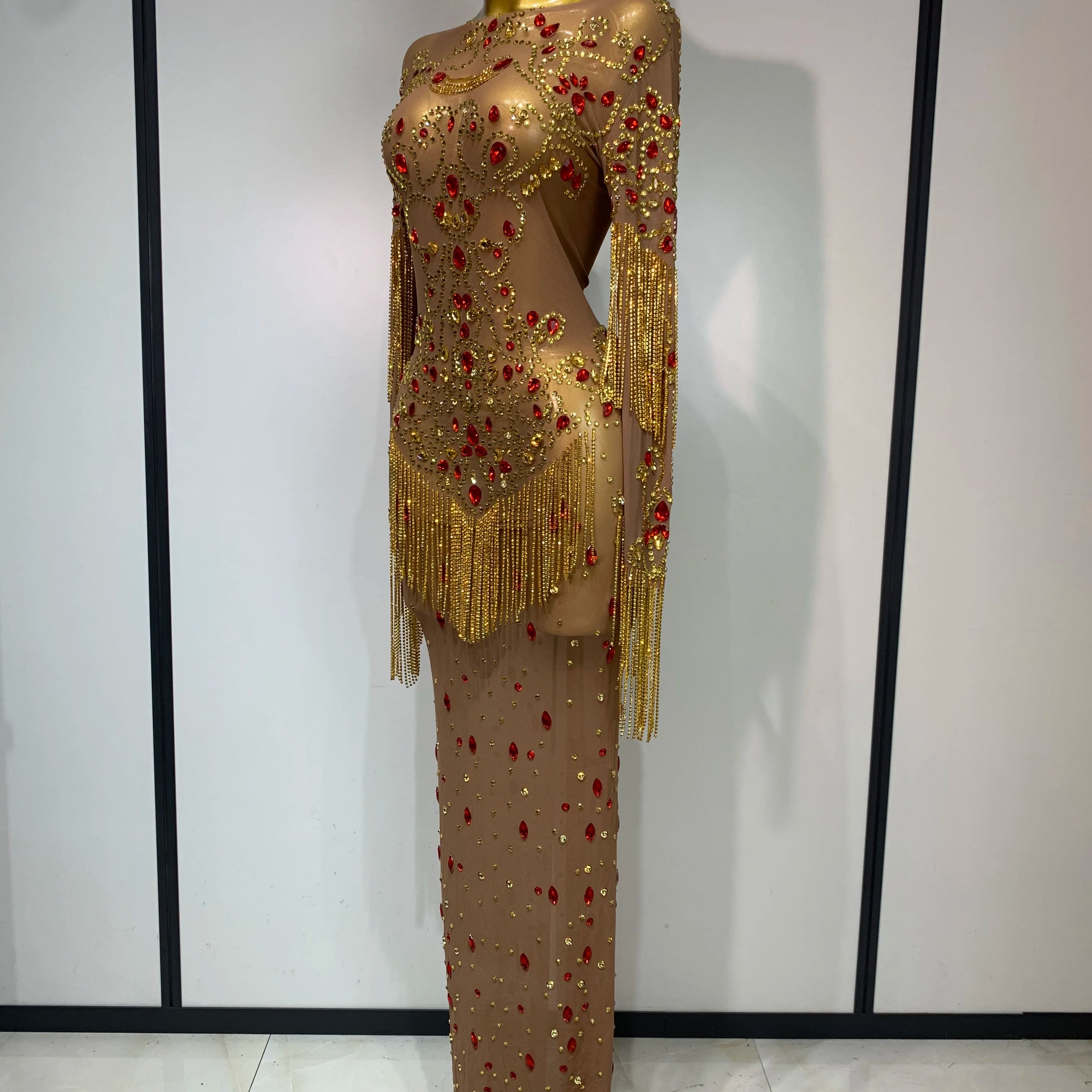 See Through Elastic Mesh Sparkly Rhinestone Stage Performan Costume Luxury Birthday Evening Party Wedding Dress