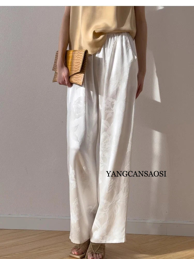 Women's Fashion Spring New 45MM Heavyweight 100%Natural Mulberry Silk Jacquard Satin White Versatile Wide Leg Pants