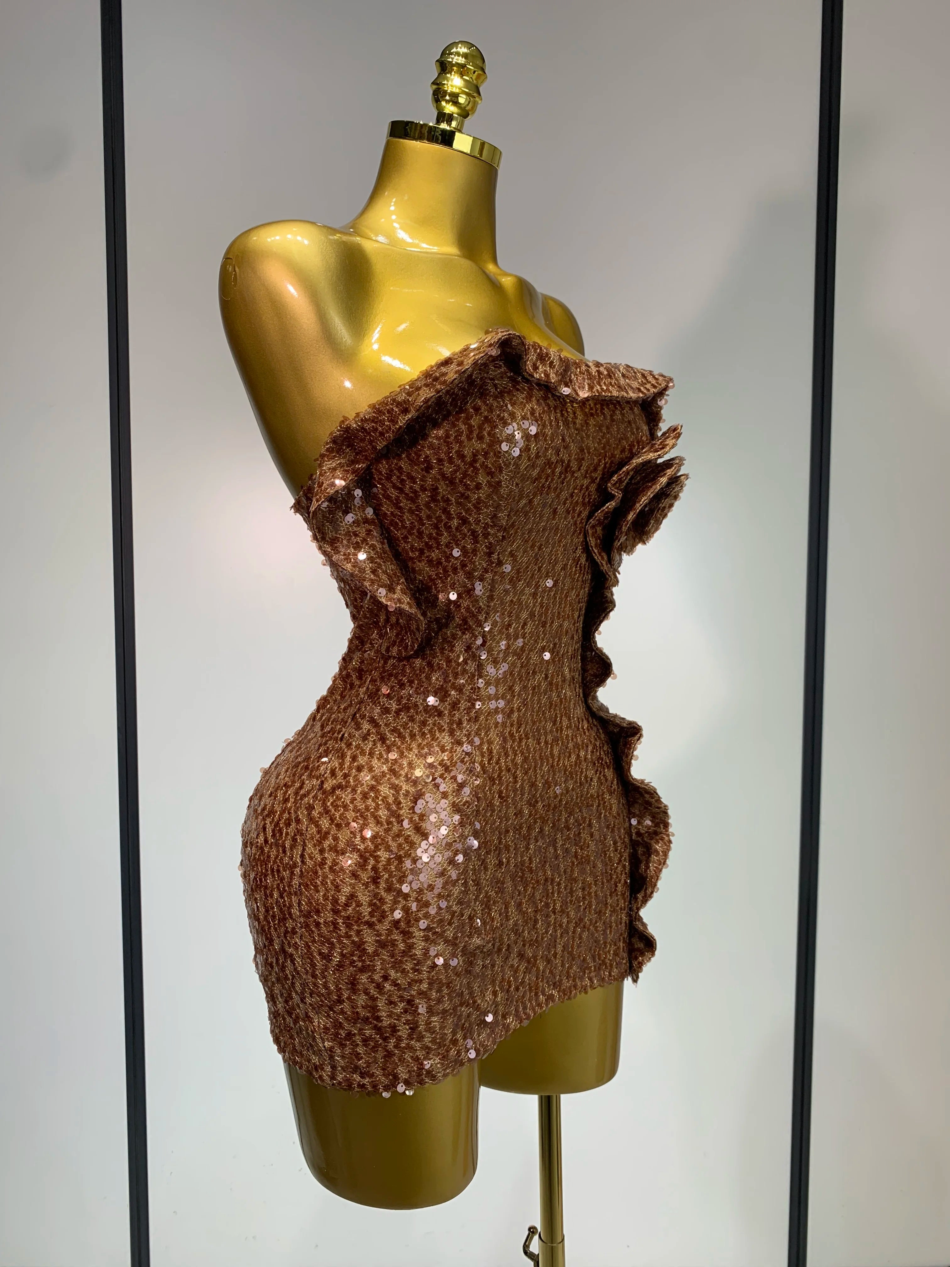 Women Sexy Strapless Backless Brown Sequins Mini Dress 2025 Celebrity Elegant Evening Party Club Luxury Birthday Guest Gown