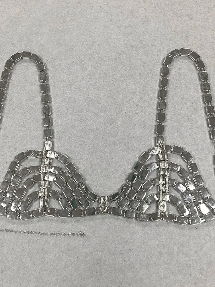 Sexy Shiny Diamond Chain Top Women Spaghetti Strap Luxury Crystal Rhinestone Bra Evening Party Runway Crop Top Streetwear