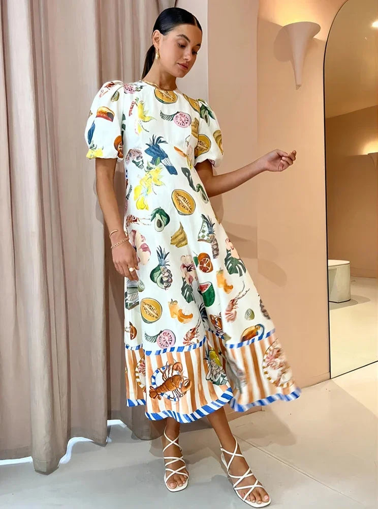 Holiday Beach Style Fruit Maxi Dresses NEW Summer Trendy and Unique Graffiti Print Bodycon Versatile Dress for Women Ivory