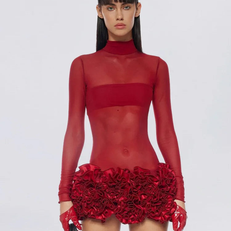 Christmas Women Sexy Mesh See Through Bodycon Mini Bandage Dress Florals Nightclub Party Bar Singer Performance Costume Red