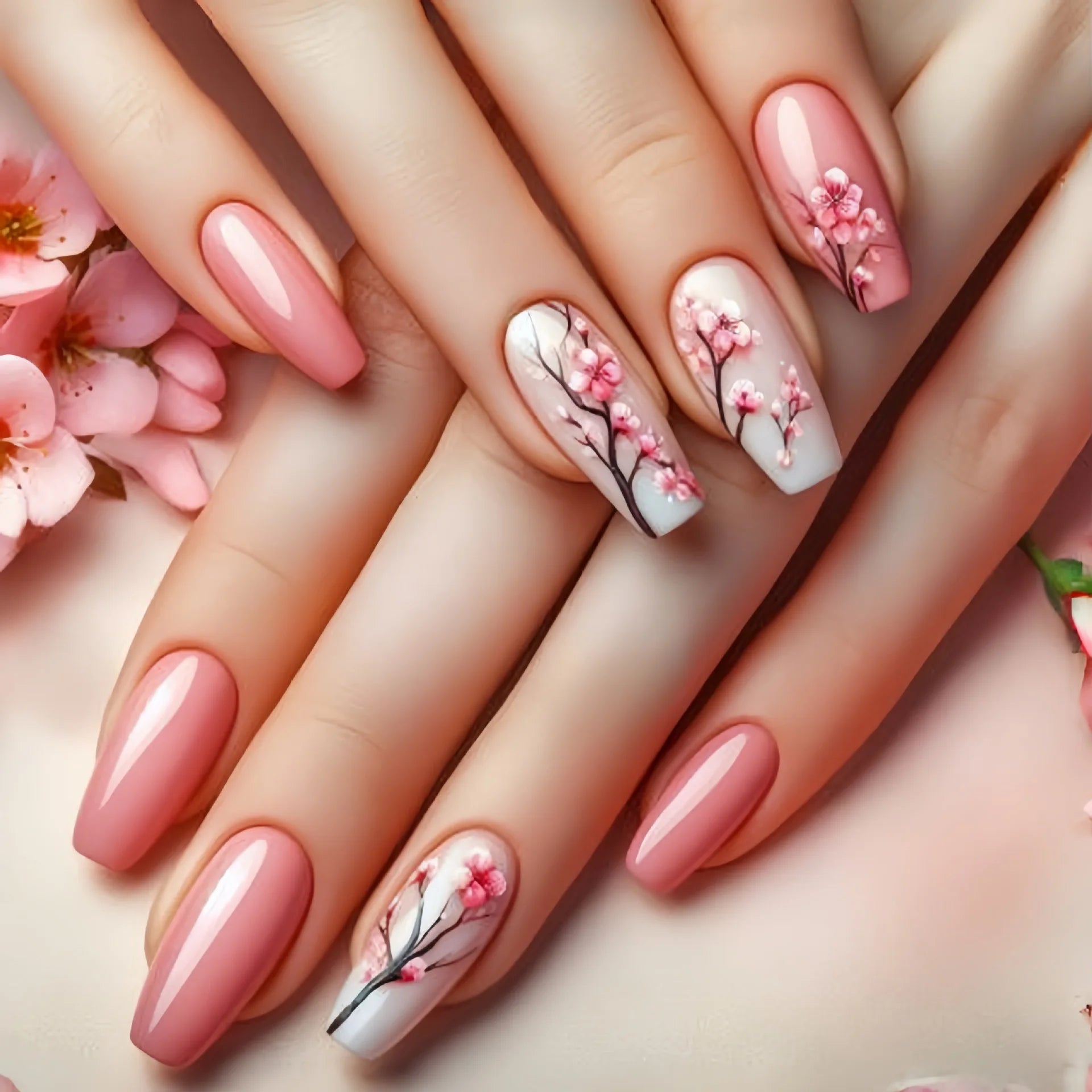 24pcs/set medium long fake nails for Spring summer season beautiful peach flowers butterfly design press on false nail art tips 1819