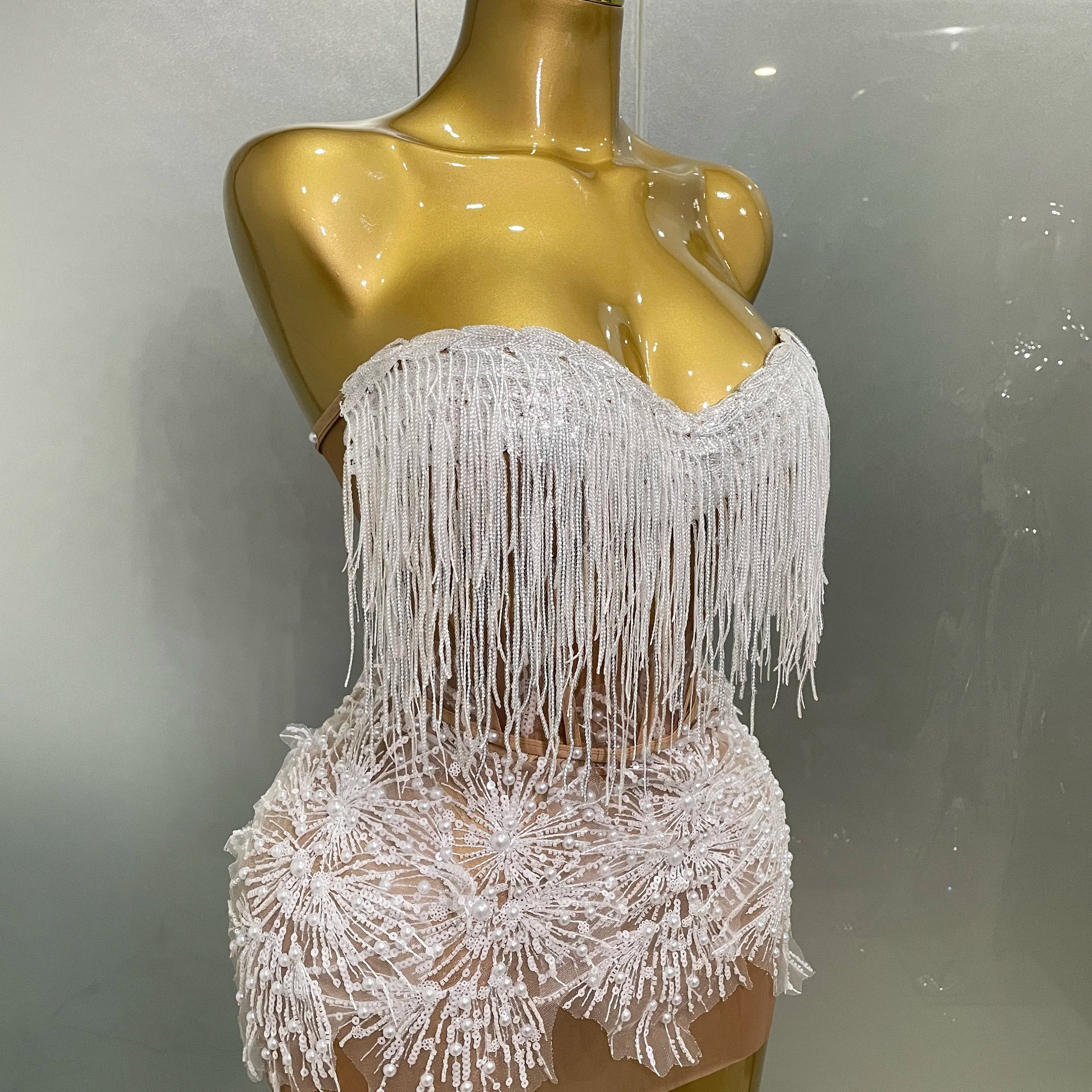 2025 Sexy Pearl Sequins Tassel Sleeveless Glitter Mini Dress Women Singer Bar Nightclub Stage Performance Clothing Show Outfit