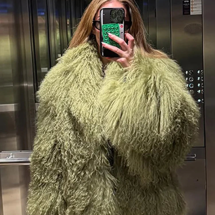 Green Luxury Fluffy Faux Fur Jacket Women Fashion Lapel Long Sleeve Loose Warm Coat 2025 Winter Lady High Street Outerwear