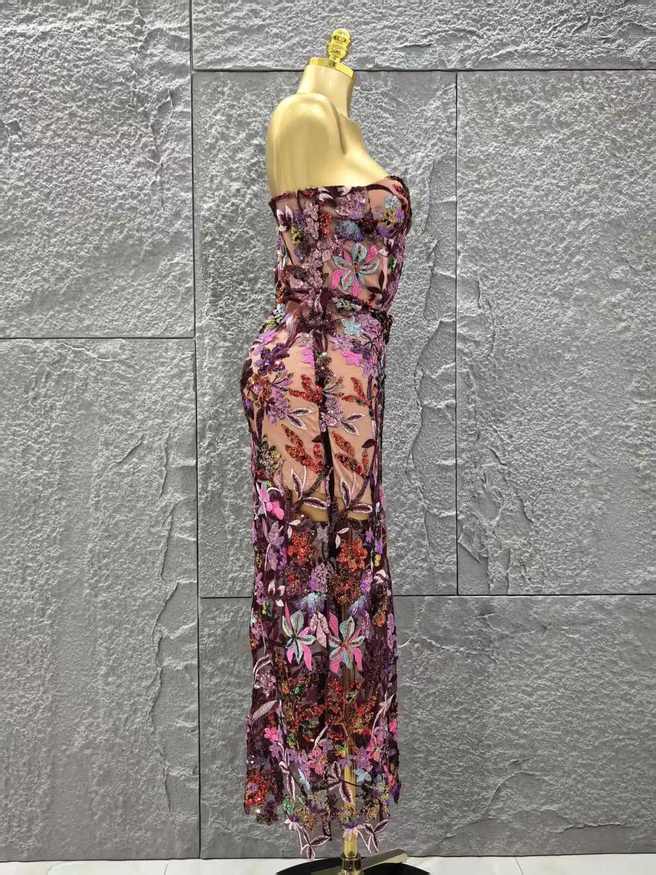 Top Quality Women Sexy Strapless Embroidery Florals Bodycon Long Dress Elegant Evening Party Cocktail Fashion Girls' Outfit