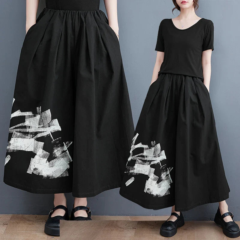 Japan Yamamoto Dark Style Black Summer Wide Leg Pants Print Fashion Women High Waist Casual Pants Culotte