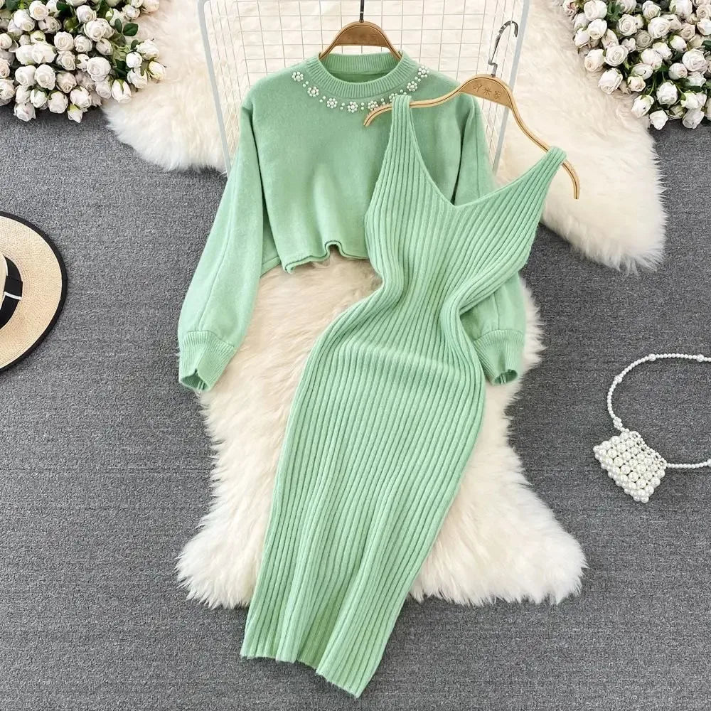 Women Sweater Midi Dress Set Casual Pullovers Suits Autumn Winter O-neck Long Sleeve Knitted Solid Slim Elegance Tops Elastic C Green