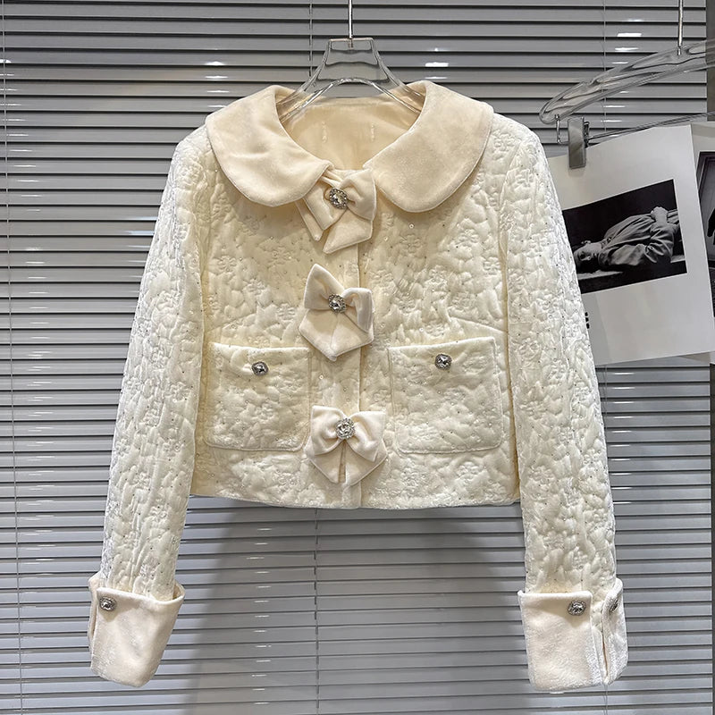 Winter New Fashion Elegant Rhinestone Velvet Quilted Jacket Bowknot Short Skirt Two-pieces Set For Women 11A07528