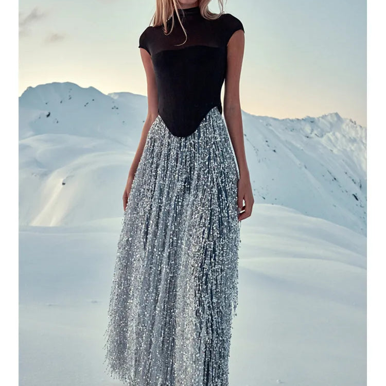 Women Celebrity Sexy Short Sleeve Mesh Sequins Silver Maxi Long Bodycon Skirt Set 2025 Elegant Evening Club Party Outfits