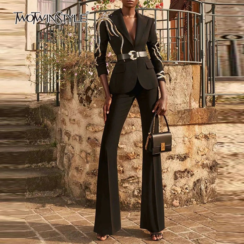 Solid Slimming Two Piece Sets for Women Lapel Long Sleeves Patchwork Hot Fix Top High Waist Flared Pant Set Female