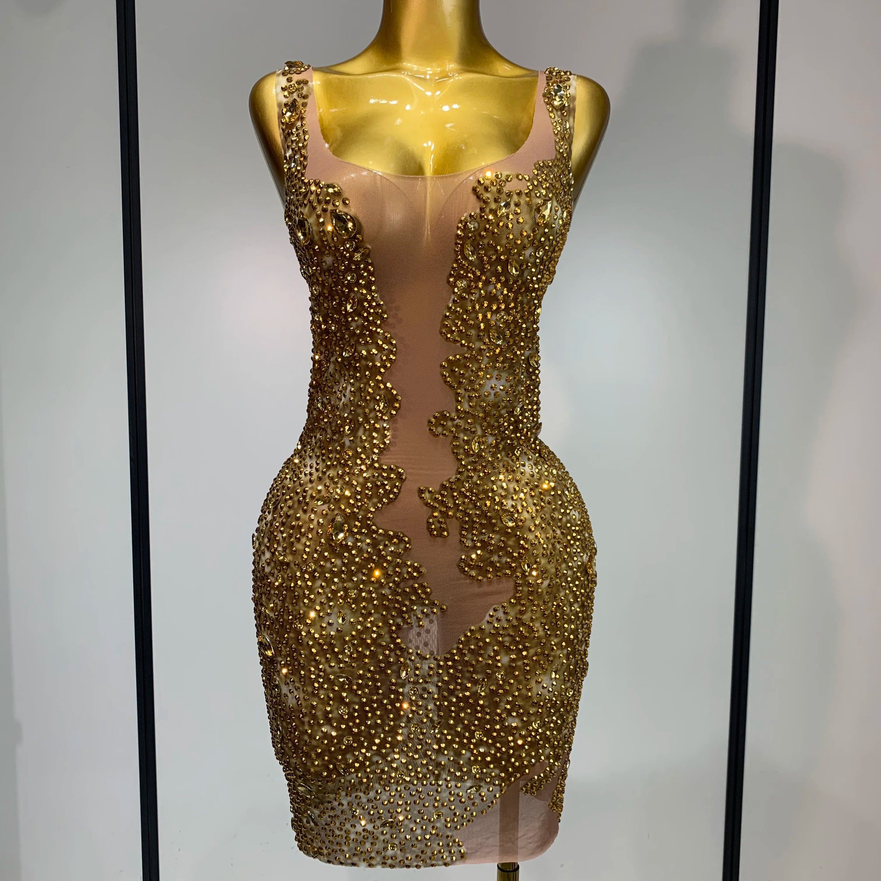Women Sexy Stage Perform Outfit Club Gown Shining Gold Rhinestones Elegant Mesh Dress Birthday Evening Party Photoshoot Costume Gold