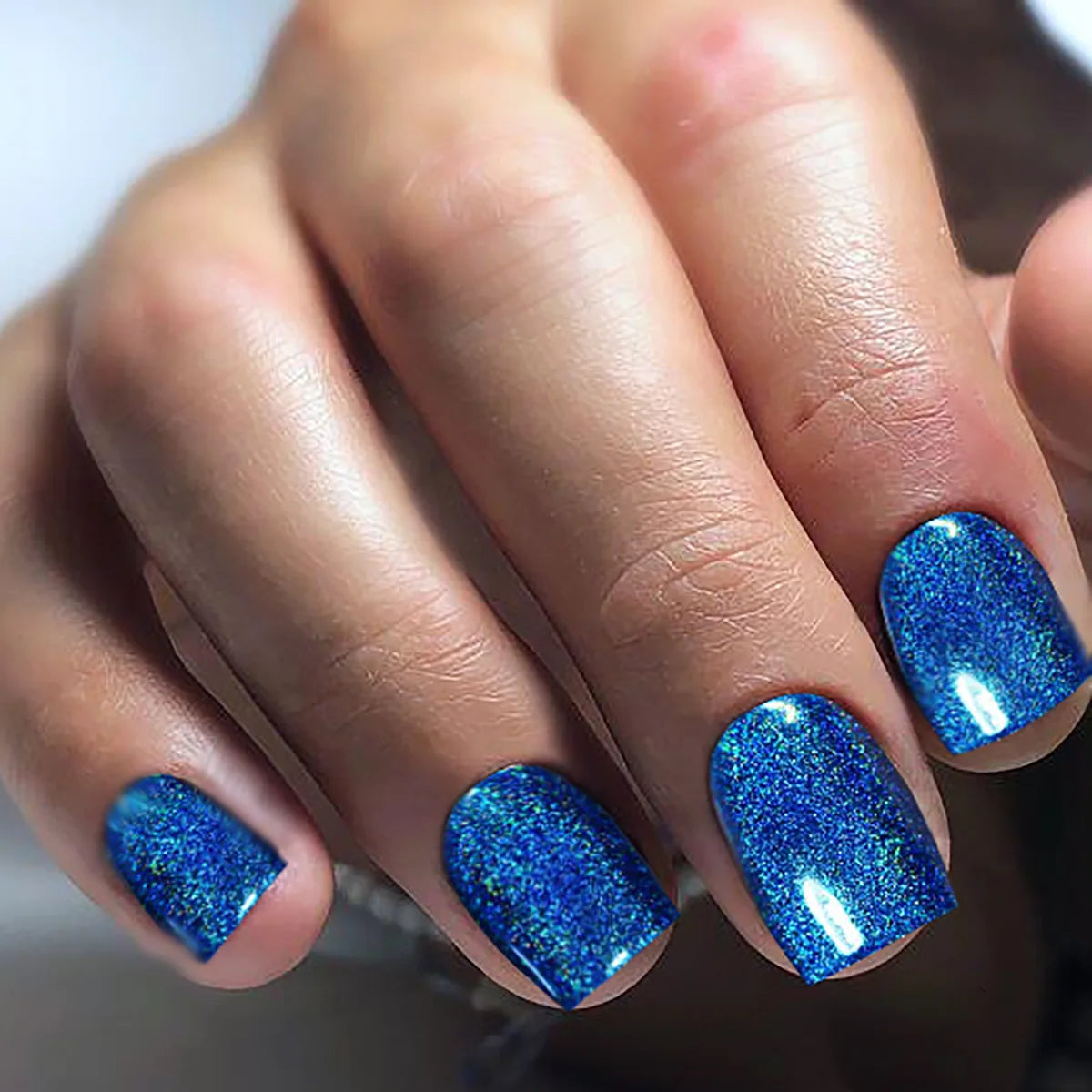 24pcs/set short square fake nails super flash glitter UV nail tips black blue green pink gold faux ongles press on false nail 543 blue
