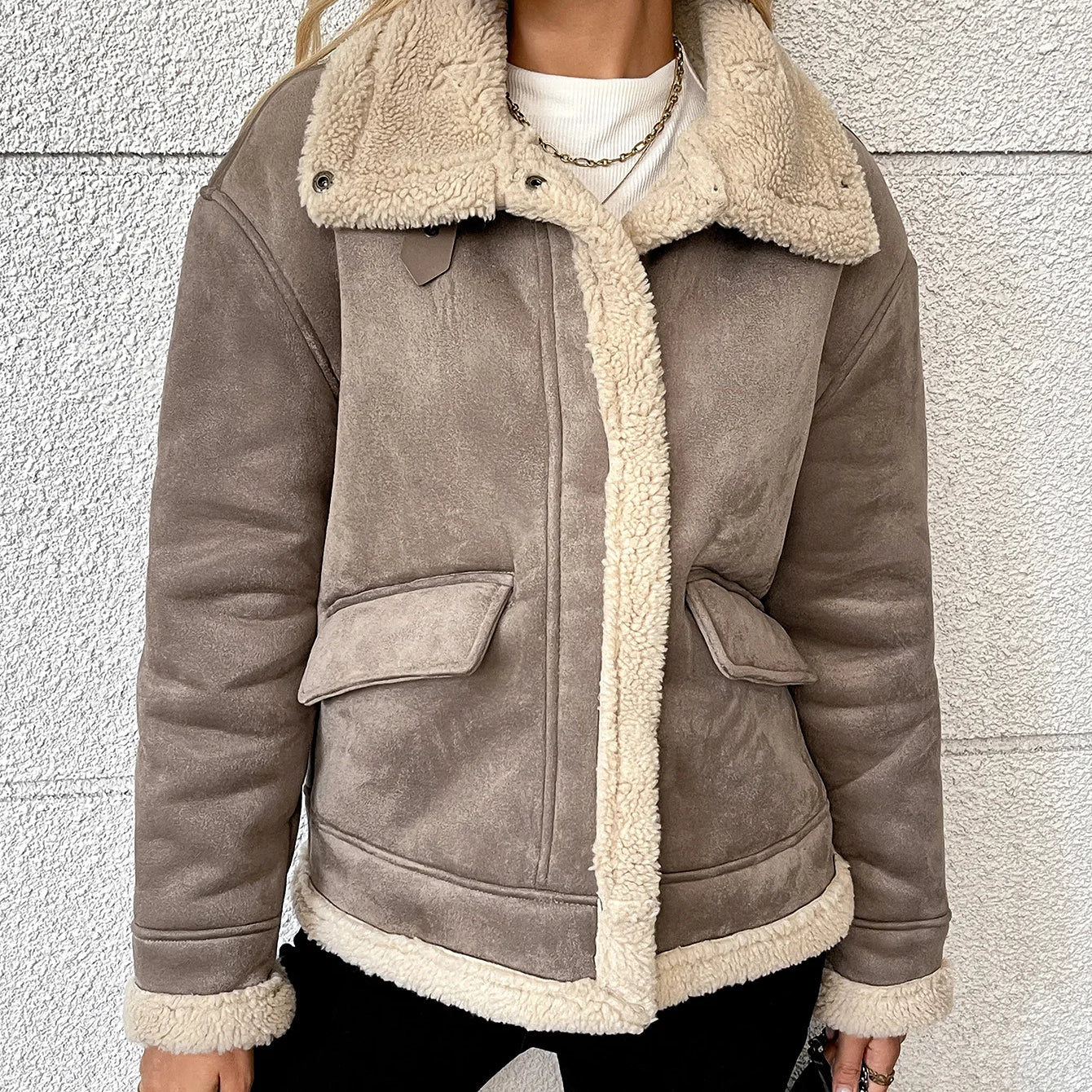 Fitaylor Autumn Winter Women Faux Suede Lamb Jacket Casual Lady Thick Warm Motorcycle Leather Outwear