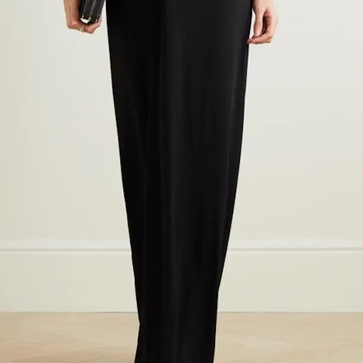 Freeacy Women's Dress Solid Black Deep V-neck Long Sleeves Floor Length Evening Dresses Ladies Slim Fit Wrap Suit Dress