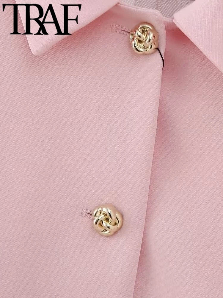 TRAF Spring Elegant Women Pink Y2K Short Blazer Metal Flower Button Long Sleeve Female Suit Jacket Turn Down Collar Tops