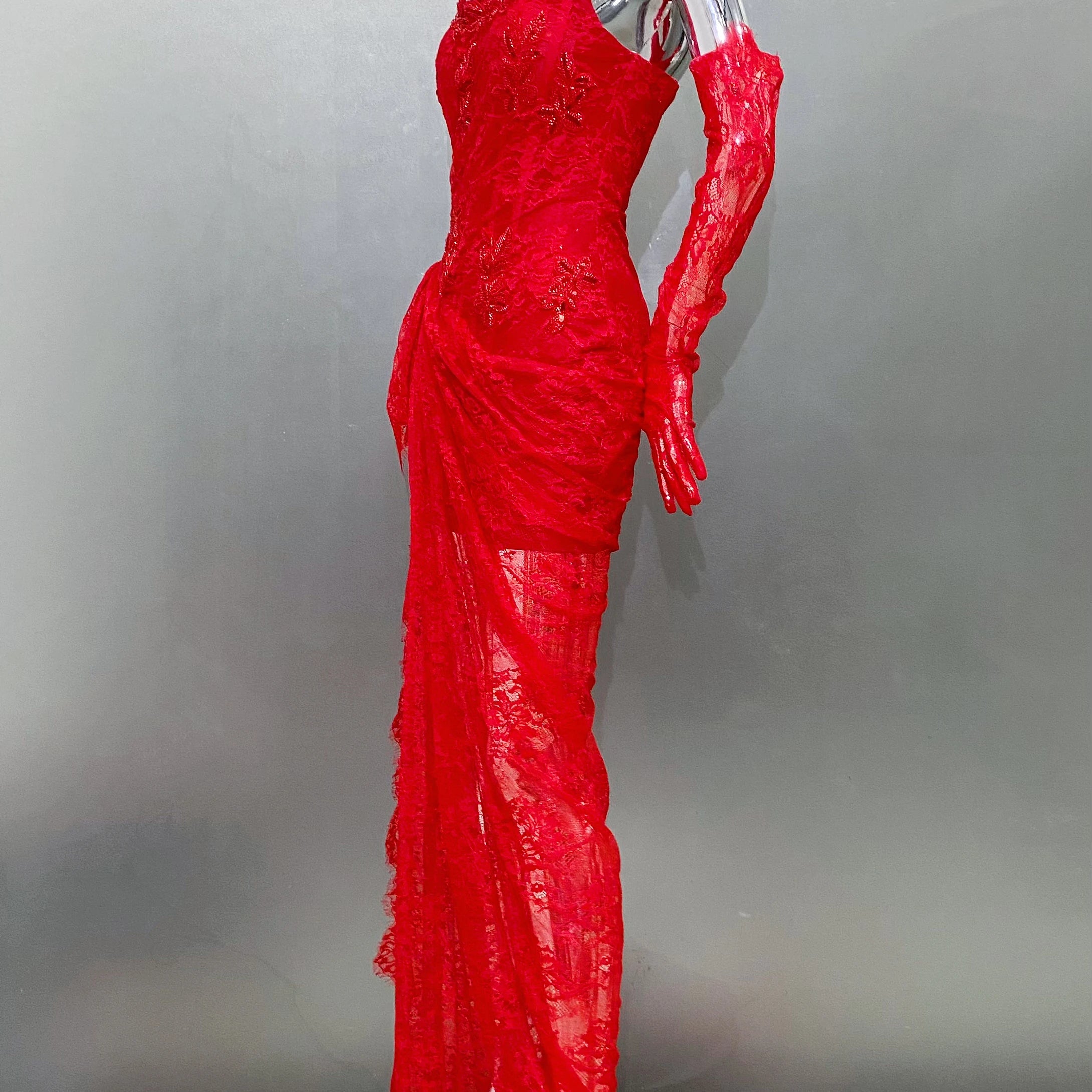 Red Color Women Sexy Strapless Lace High Split Bodycon Floor-Length Dress Gloves Wedding Party Mermaid Celebrate Dress