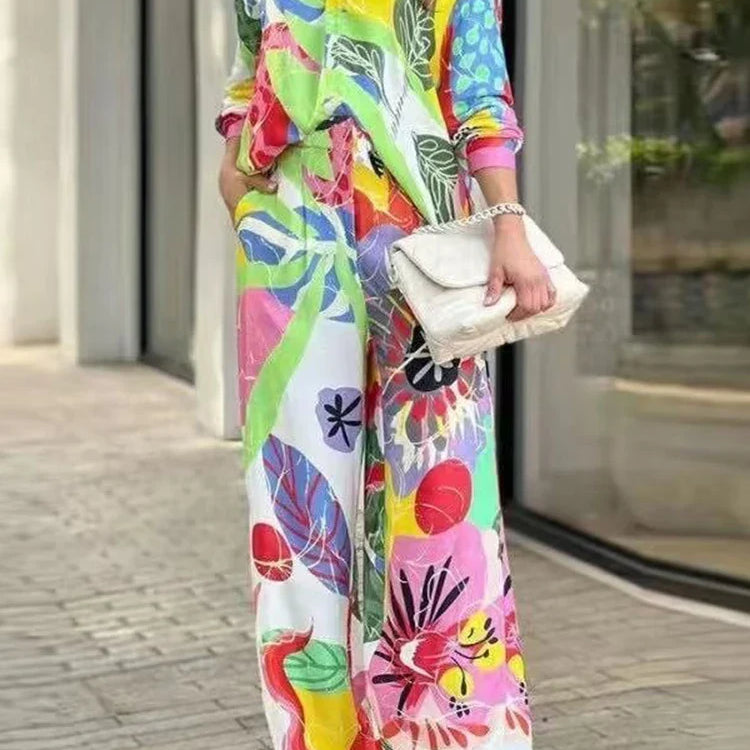 ZARATRASnew summer women's new trousers suit lapel loose silk texture shirt + positioning printed wide leg pants