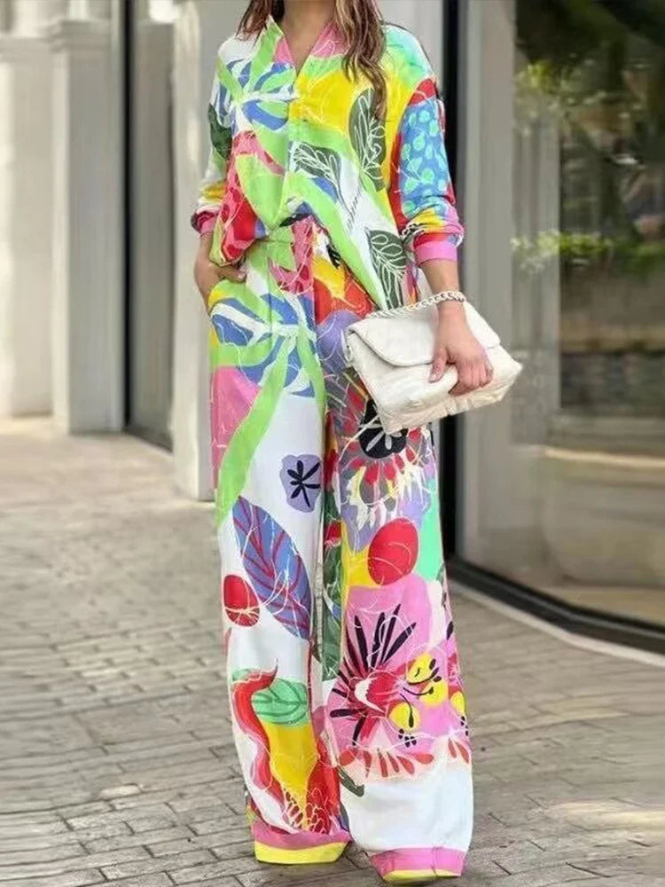 ZARATRASnew summer women's new trousers suit lapel loose silk texture shirt + positioning printed wide leg pants