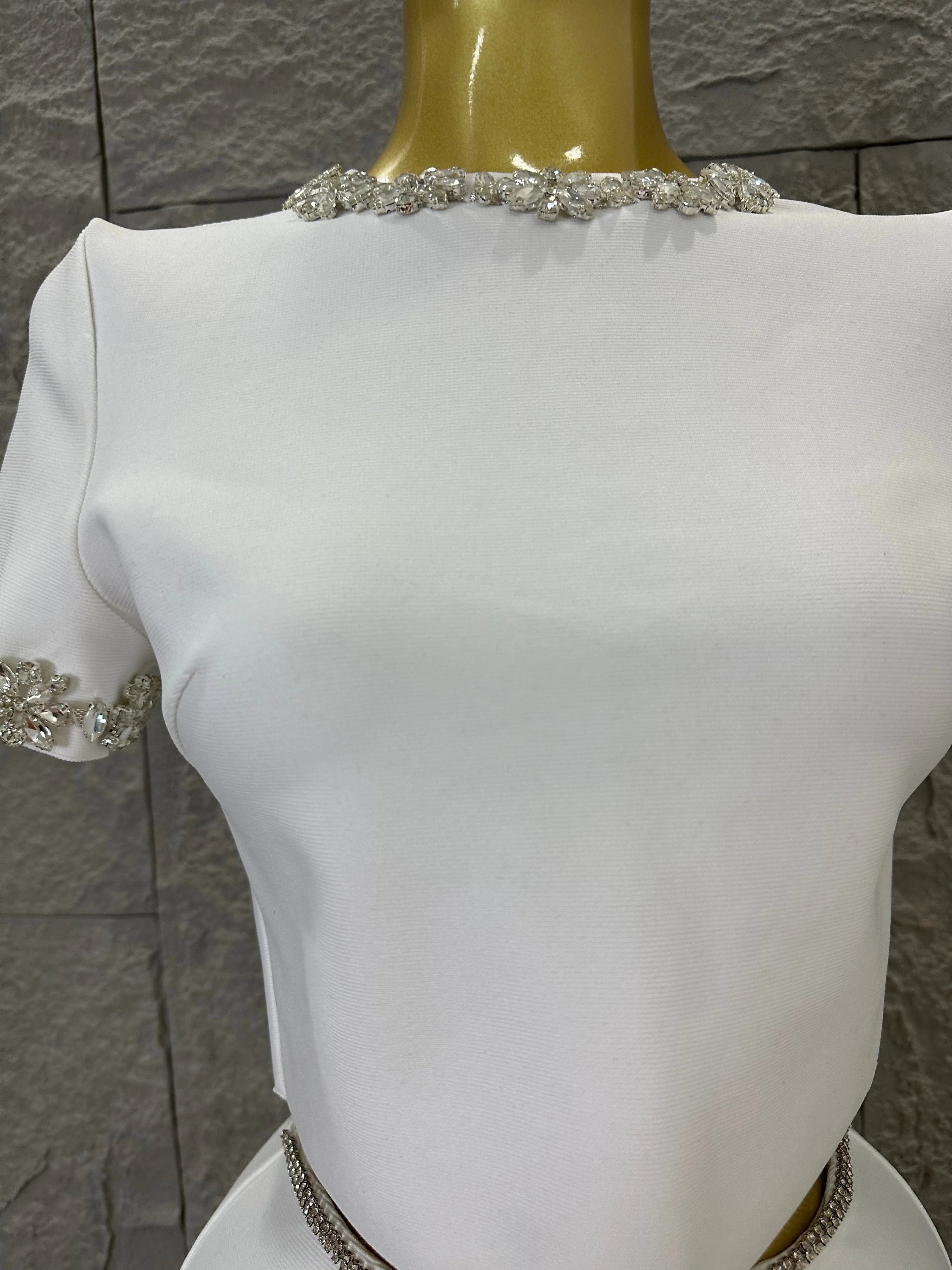 Black White Two Piece Set Women Elegant Short Sleeve Beaded Crop Top High Waist Pencil Midi Skirt Formal Suit