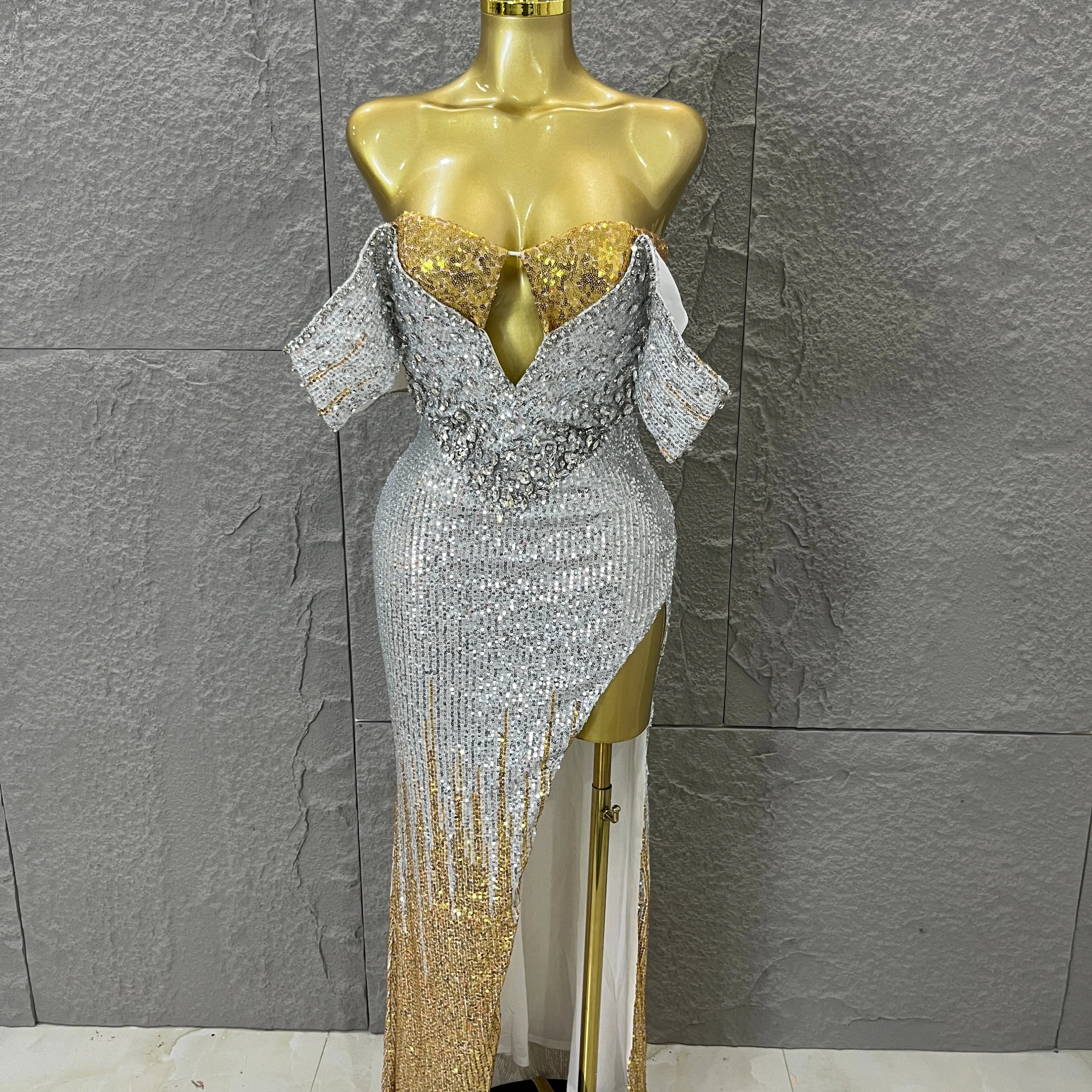 Sparkly Silver Gold Sequin Off Shoulder High Slit Dress Allover Glitter Evening Party Club Birthday Gala Celebration Event