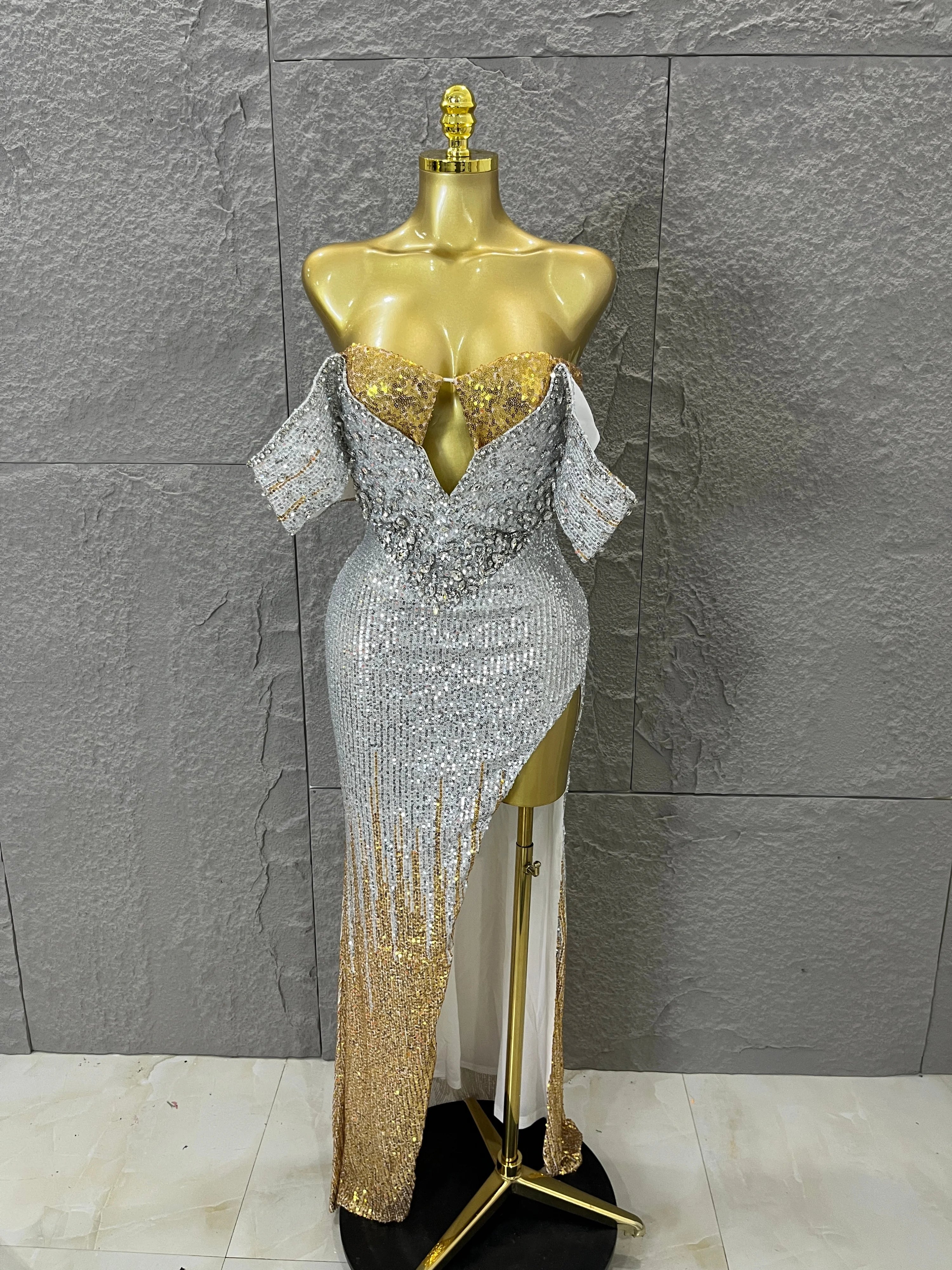 Sparkly Silver Gold Sequin Off Shoulder High Slit Dress Allover Glitter Evening Party Club Birthday Gala Celebration Event