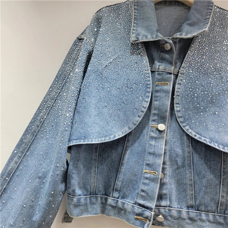 New Heavy Industry Bright Diamond Shiny Short Long Sleeve Cardigan Coat Vest Denim Two-piece Set For Women 11A07630