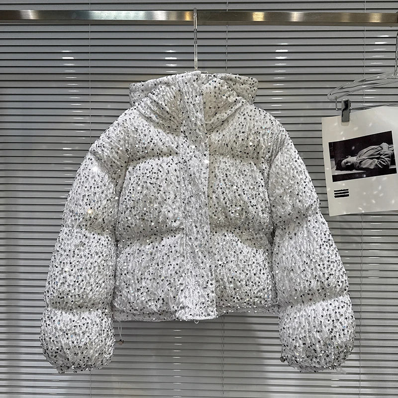 Winter New Trendy Style Silver Sequin Fabric Heavy Industry Hooded Warm Jacket For Women Cotton-padded Coat 11A07657 Silver