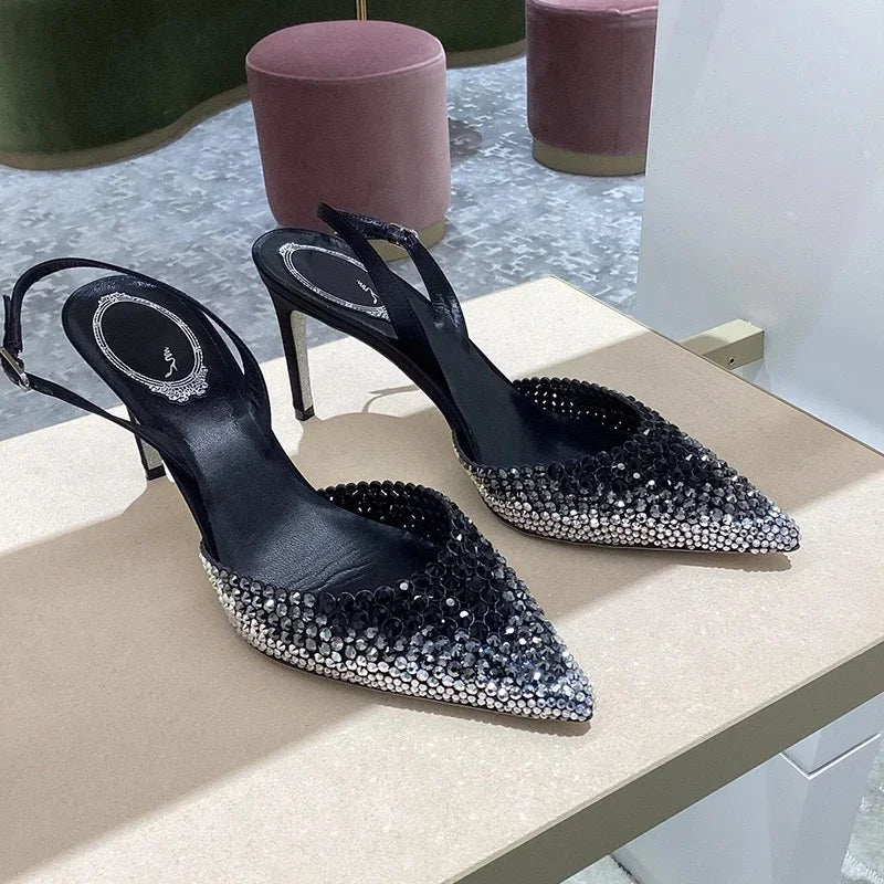 New Baotou sandals rhinestones gradient high heels, women's fashion, stunning temperament sandals formal dress, banquet shoes Black Silver Gradien