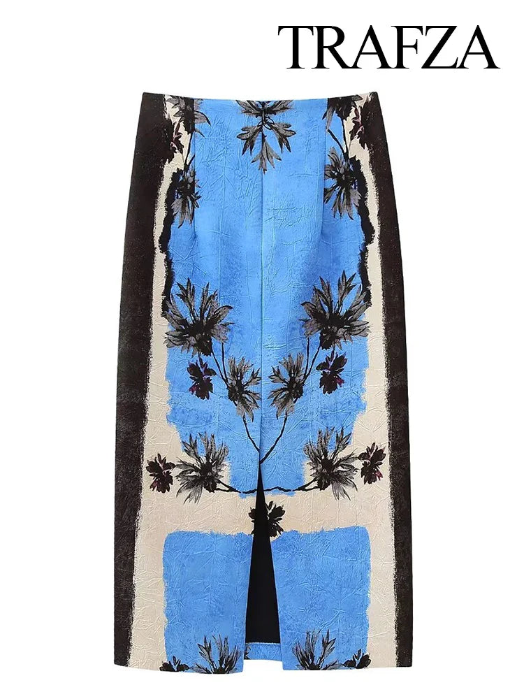 TRAFZA Summer New Fashion Holiday Printed Midi Long Skirt Zipper High Waist A Line Straight Skirts Vent Back Female Y2K