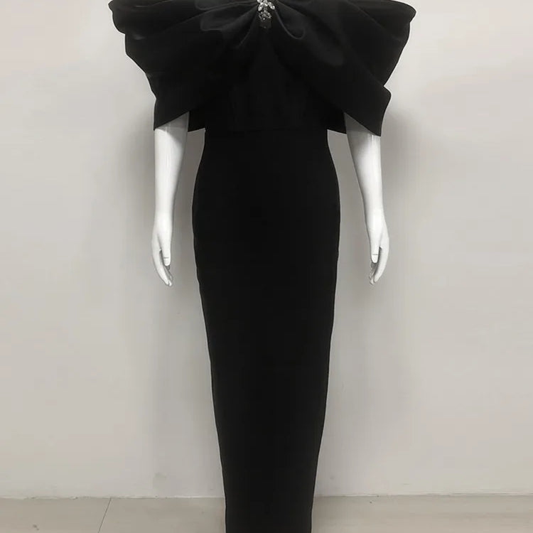 Women Sexy Off Shoulder Ruched Black Maxi Long Diamonds Celebrity Bodycon Bandage Dress 2025 Elegant Evening Club Party Dress