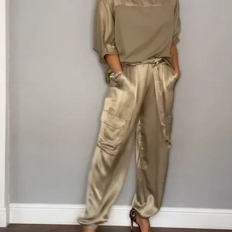 Summer Fashion New Elegant Women's Plus Size Set Street View Smooth Satin Half Sleeve Shirt Casual Pants Sports Two Piece Set