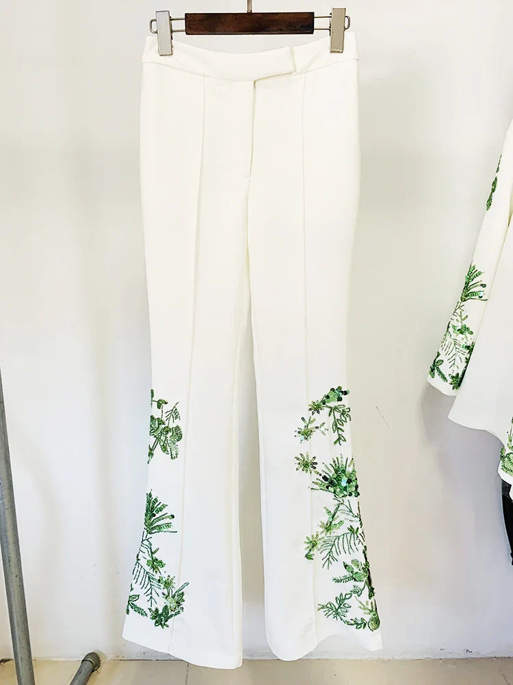 HIGH STREET Newest Designer Suit Set Women's Loose Style Long Sleeve Stunning Beaded Blouse Tops Flare Pants The Pants