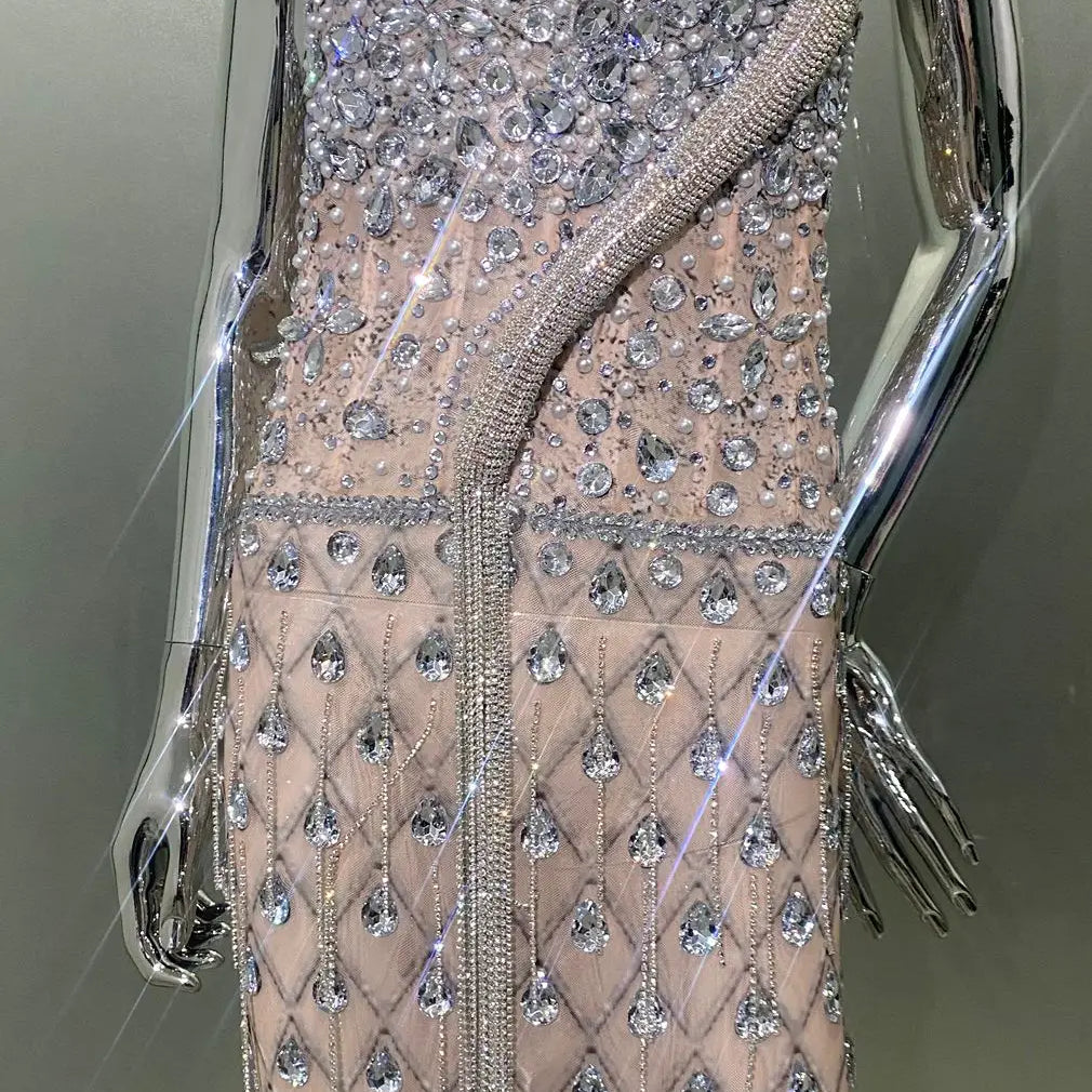 Super Shining Crystal Mesh See Through Floor Lenght Dress Woman Birthday Party Dress Stage Performances Costume