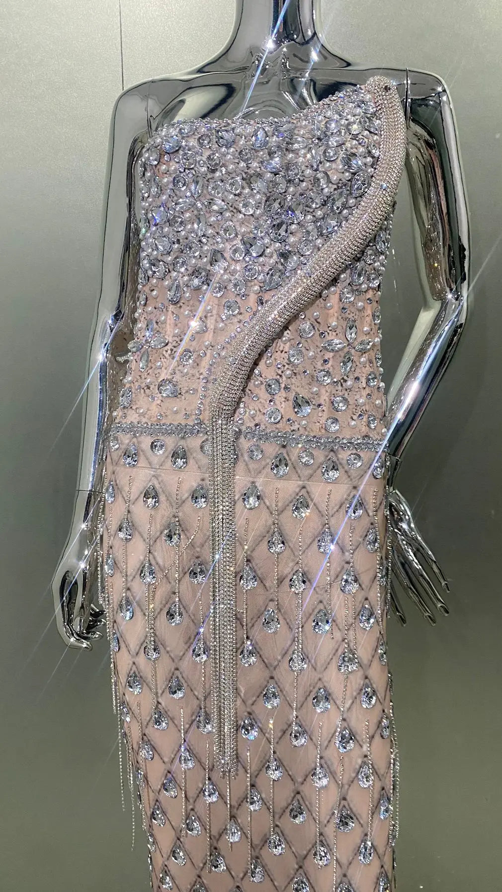 Super Shining Crystal Mesh See Through Floor Lenght Dress Woman Birthday Party Dress Stage Performances Costume