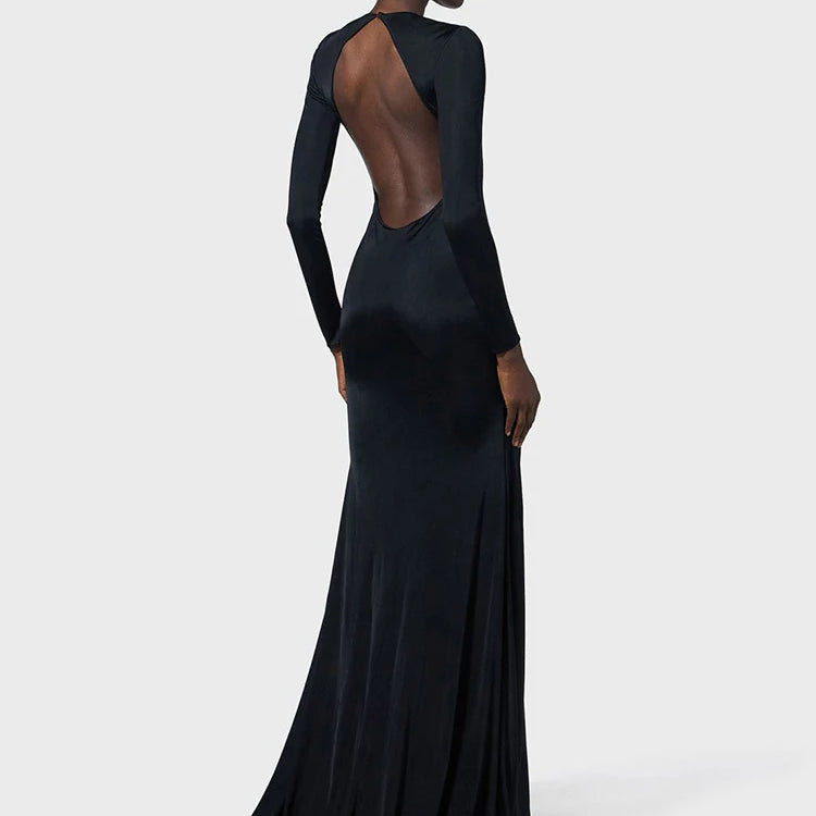 Sophisticated Long Sleeved Black Maxi Dress with Cut-Out and Open Back for Gala Affairs Evening Gown
