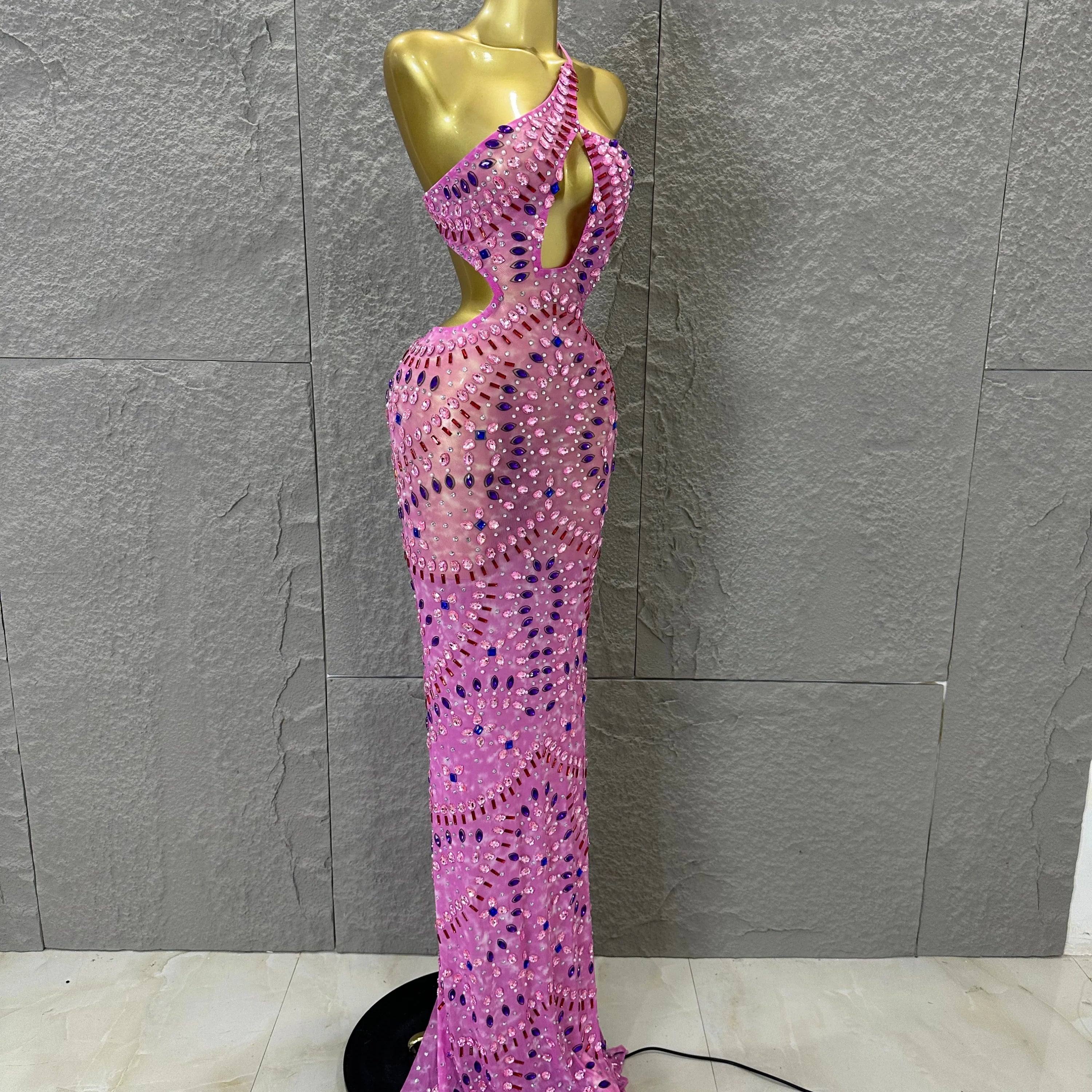 Women Sexy Cutout Full Crystal Embellished Bodycon Mermaid Outfit Sheer Mesh Maxi Dress Stage Performance Evening Party Costume