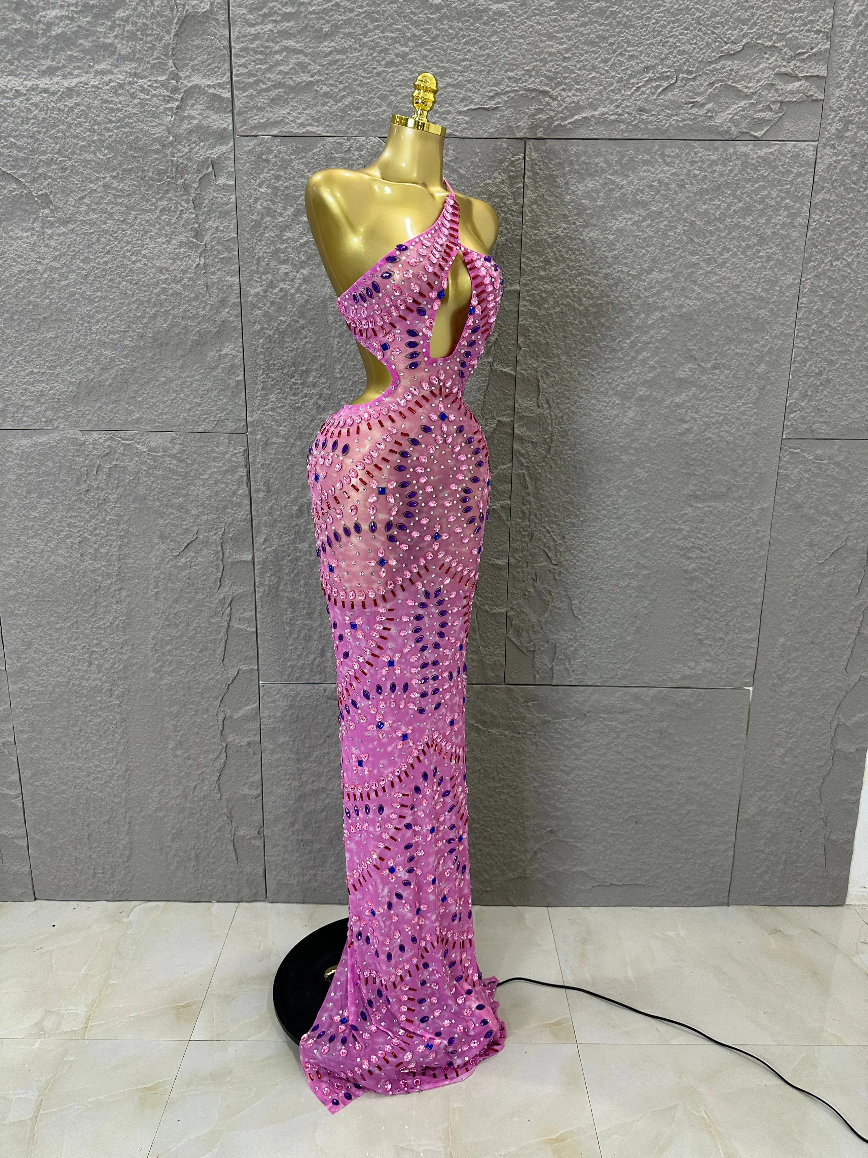 Women Sexy Cutout Full Crystal Embellished Bodycon Mermaid Outfit Sheer Mesh Maxi Dress Stage Performance Evening Party Costume
