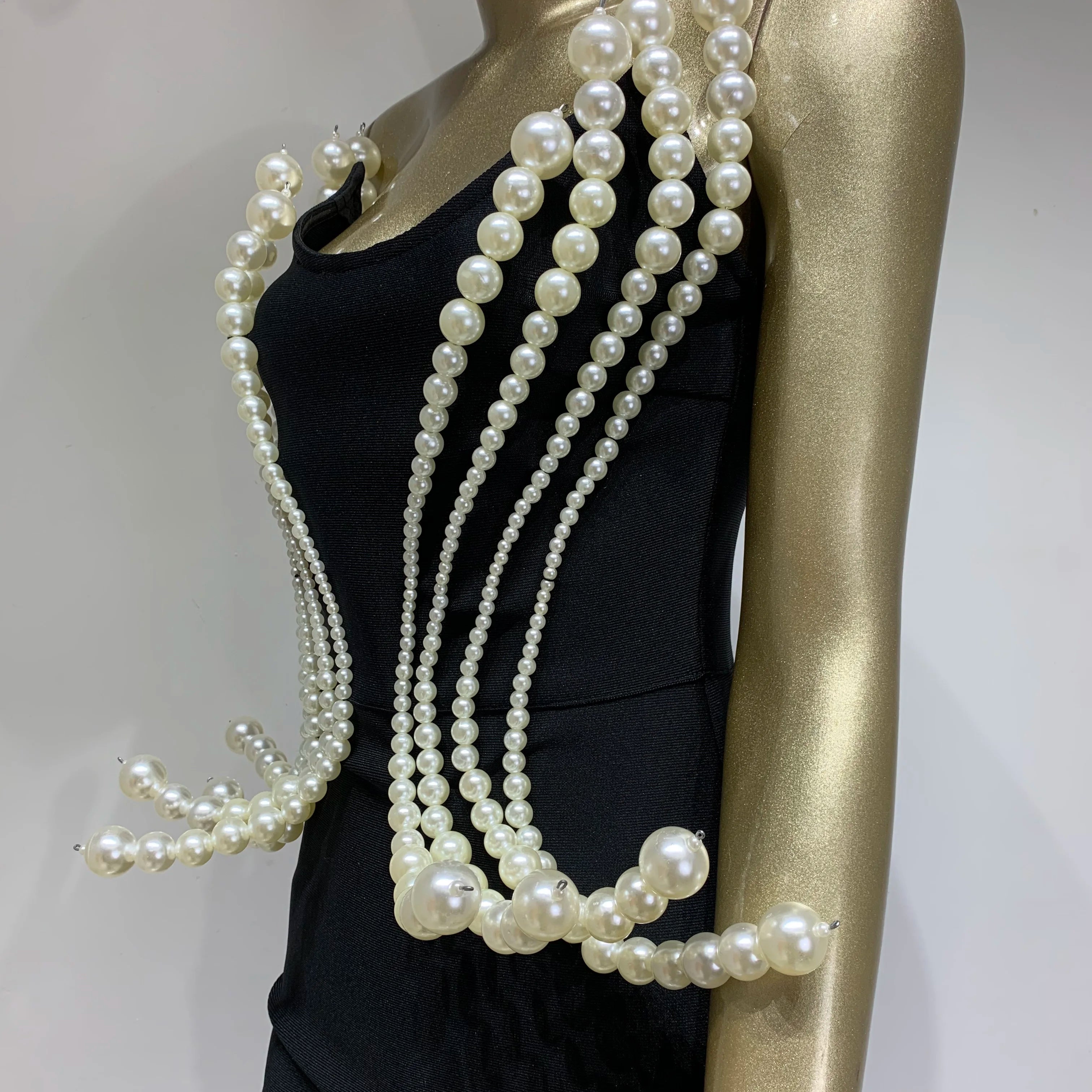 Women Celebrity Sexy Backless Strapless Black Pearl Maxi Long Bandage Bodycon Dress 2025 Elegant Evening Club Party Outfit