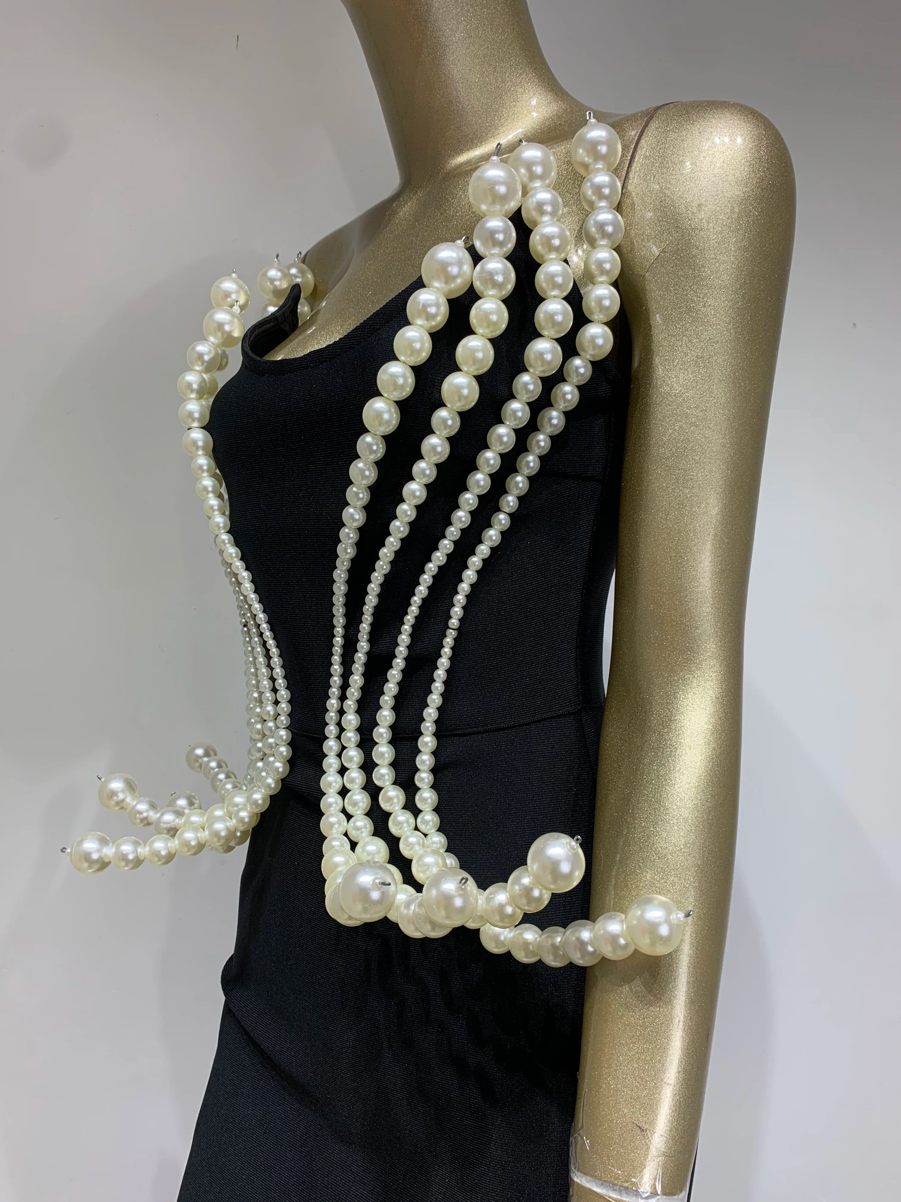 Women Celebrity Sexy Backless Strapless Black Pearl Maxi Long Bandage Bodycon Dress 2025 Elegant Evening Club Party Outfit