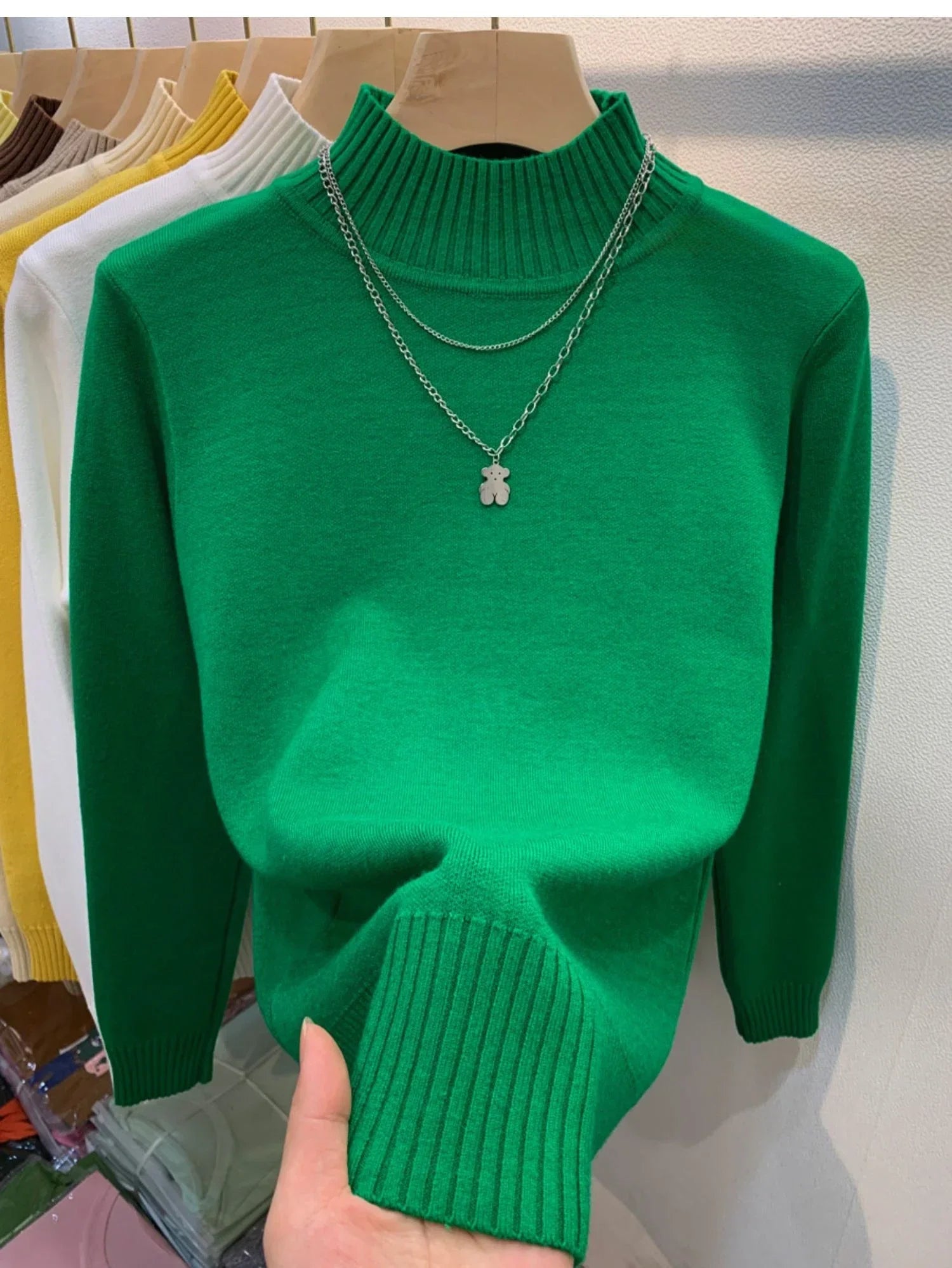Candy Color Half Turtleneck Sweater Pullover Women Fall Winter Slim Soft Knitwear Jumper Korean Casual Warm Knit Long Sleeve Top green