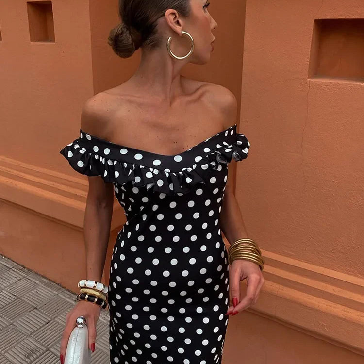 Elegant Polka Dot Print Ruffles Maxi Dress Women Fashion Strapless Slash Neck Backless Vestidos Lady Party Club Sexy Robes