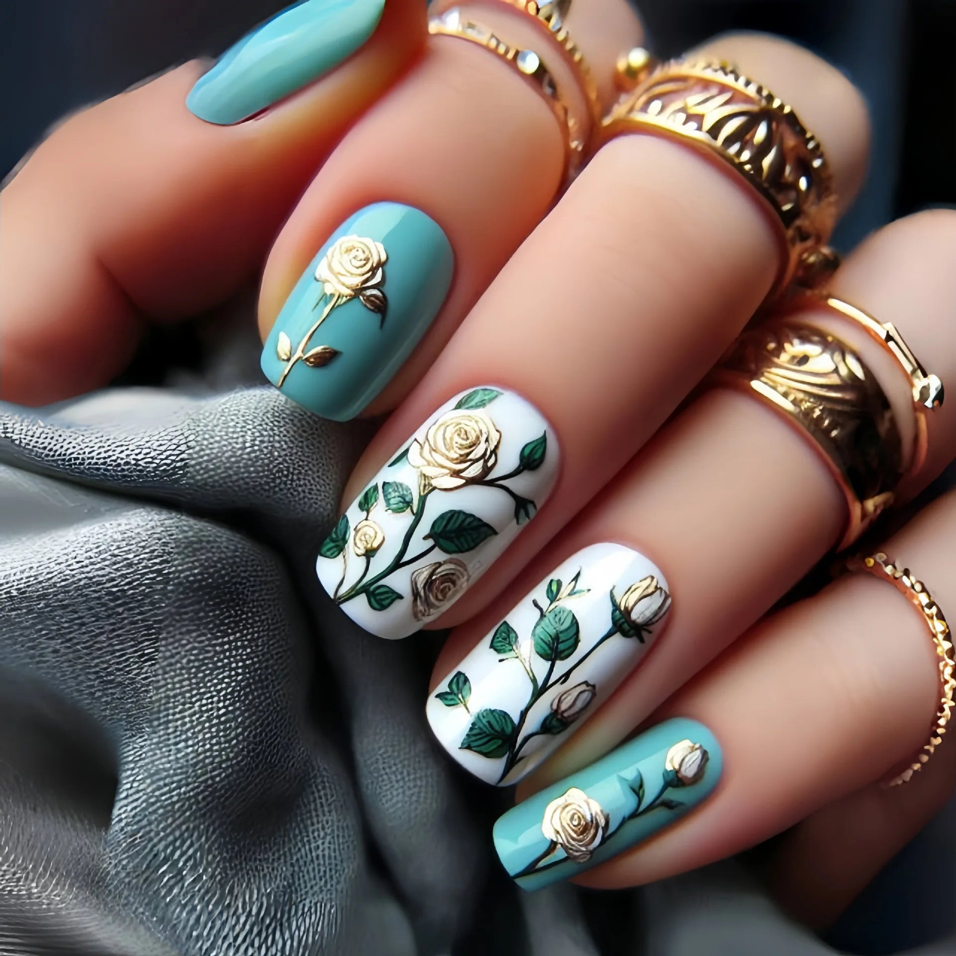 24Pcs Spring Short Square Head Fake Nail Tips Full Cover Blue Fresh Flower Pattern French Nail Wearable Press on Nails with Glue 2