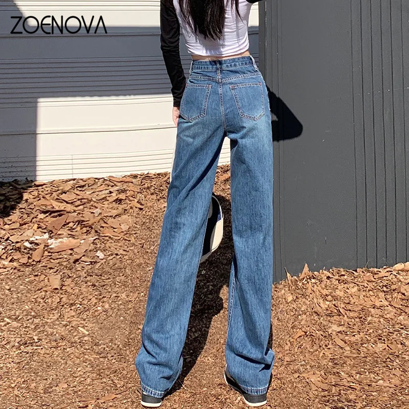 ZOENOVA Spring Premium Straight Women's Jeans Casual High Waist Straight Wide Leg Pants Y2K Street Versatile Denim Trousers