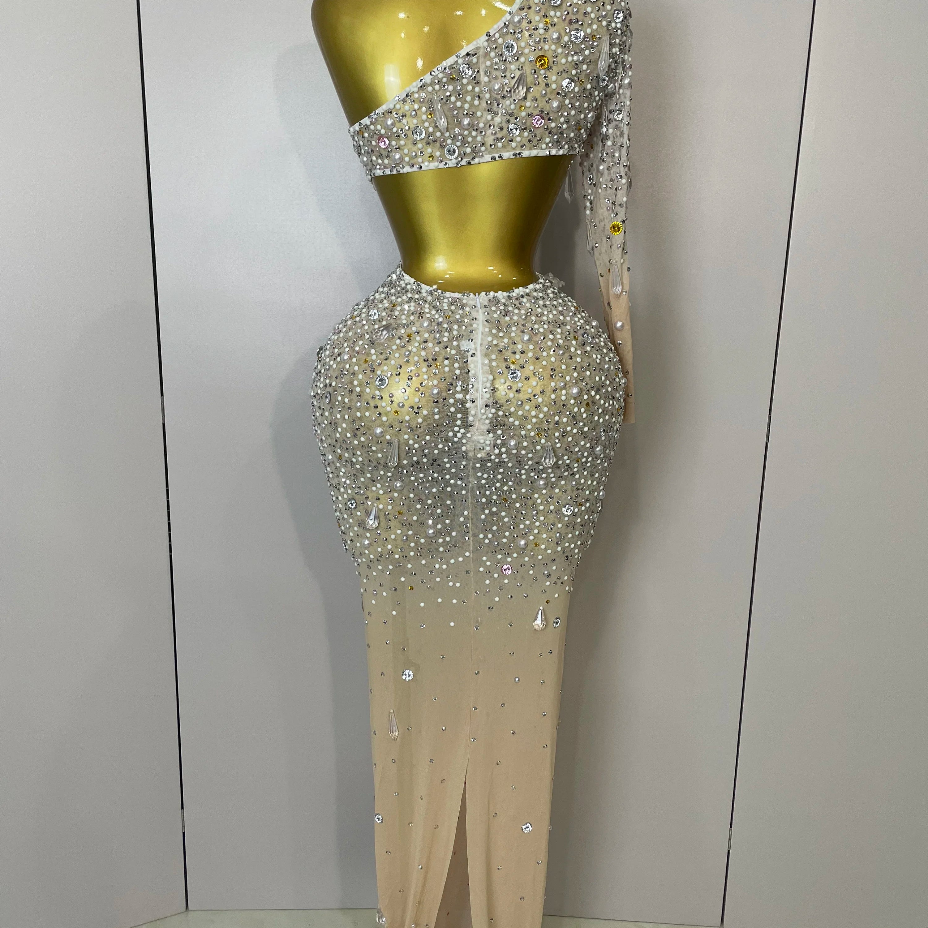 Stock 2025 Women Sexy One Shoulder Hollow Out Big Crystal Bodycon Long Dress Celebrate Nightclub Party Bar Singer Birthday Dress